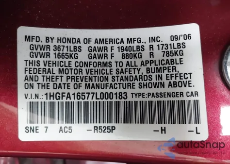 2007 Honda Civic Lx from USA, damaged, VIN 1HGFA16577L000183